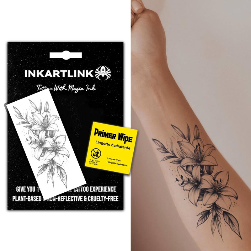 INKARTLINK Semi Permanent Tattoo, large female flower tattoo, beautiful and realistic design, fun tattoo experience, cruelty-free, non-reflective, waterproof (Lily) - Image 1